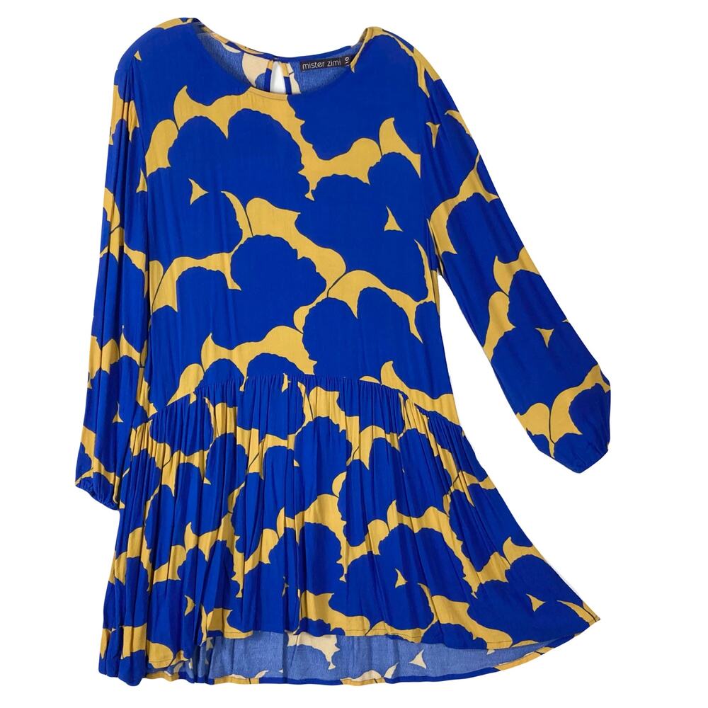 NWOT MISTER ZIMI Dress 10 Blue Floral A line Tiered Balloon Long Sleeve Viscose